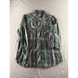 Helix Mens XL Western Shirt Plaid Pearl Snap Athletic Fit Green Blk Long Sleeve